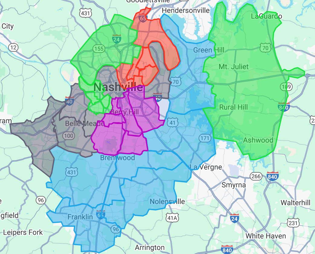 Map of Compost Nashville service area: Davidson, Williamson, and Wilson counties
